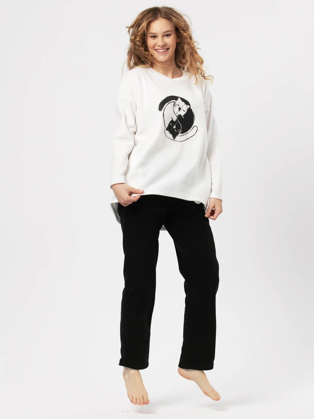 Compleu de casă fleece cu hanorac și pisici