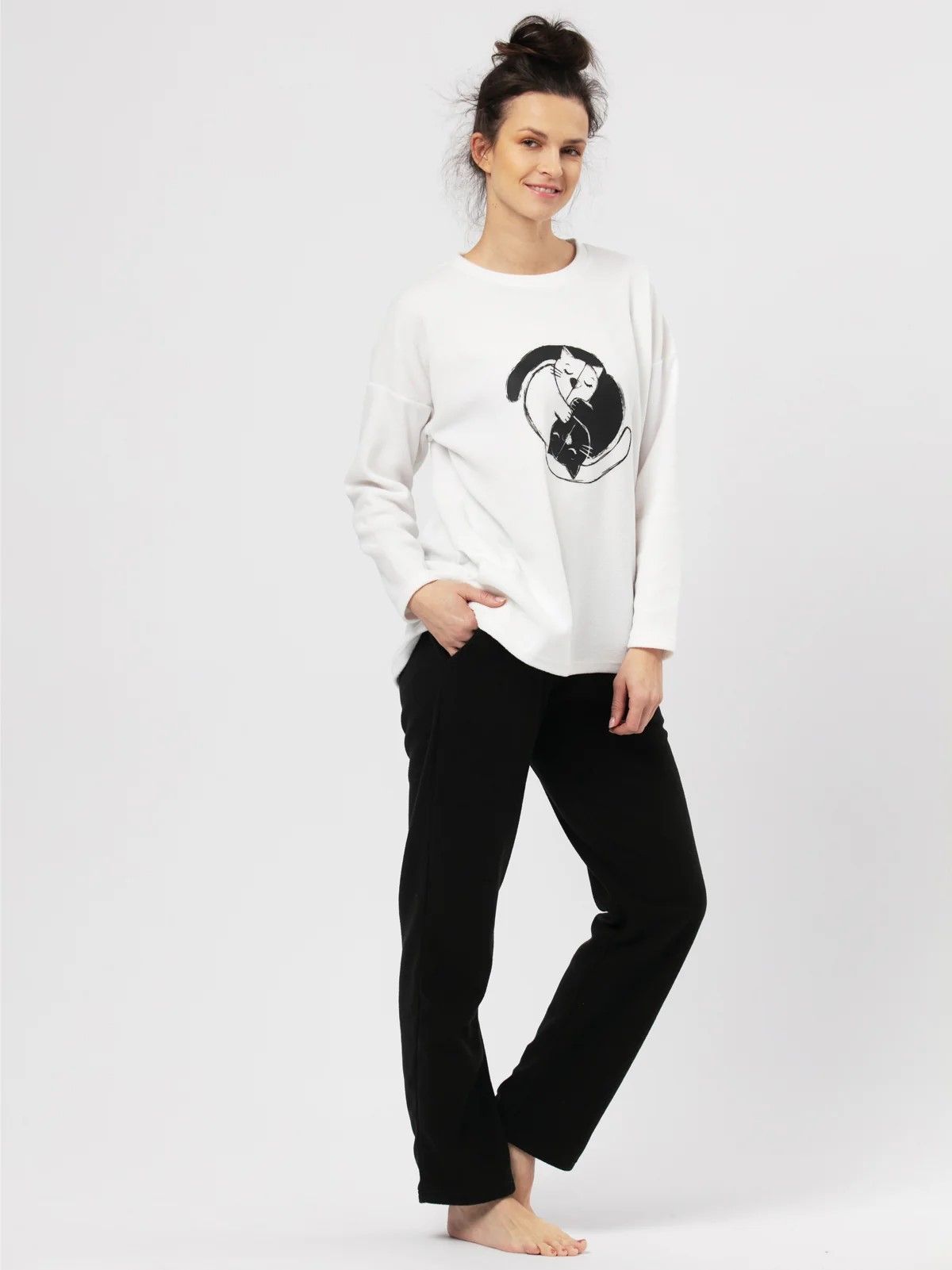 Compleu de casă fleece cu hanorac și pisici