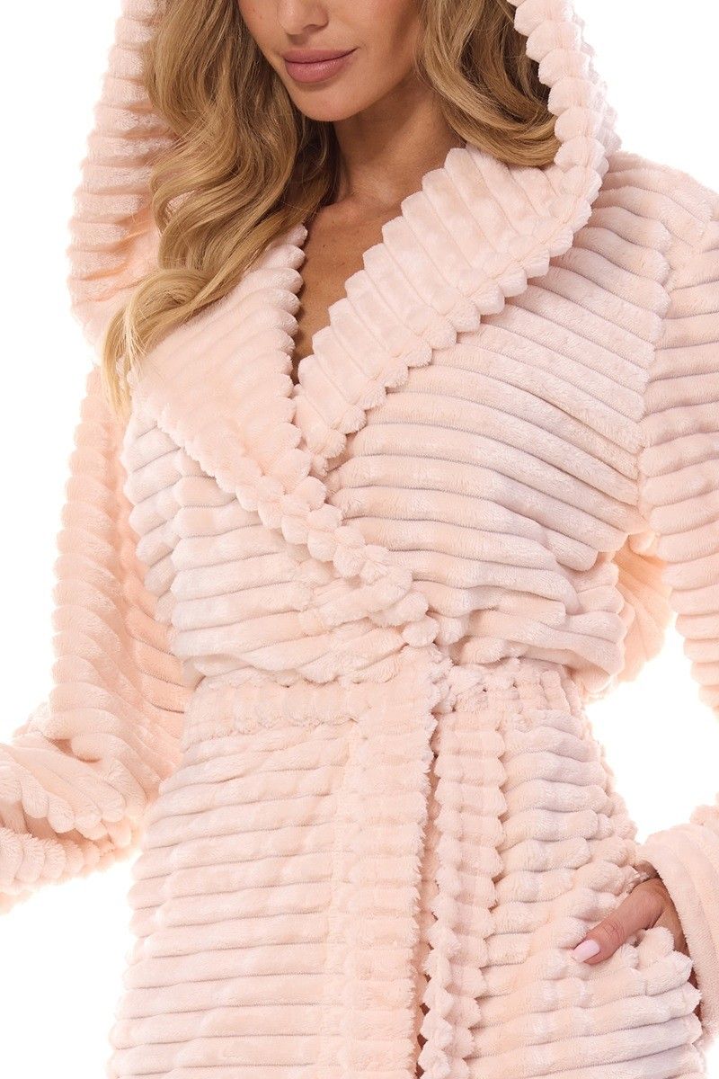 Halat de baie morela cu glugă și cordon, material pufos