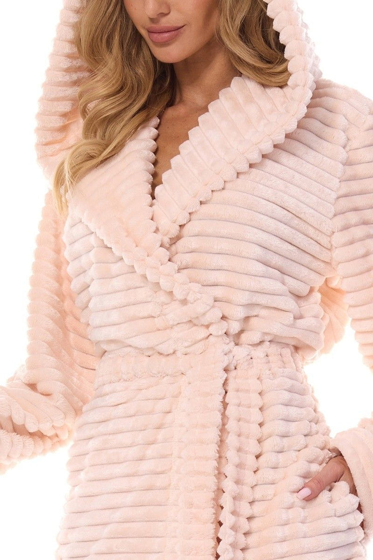 Halat de baie morela cu glugă și cordon, material pufos