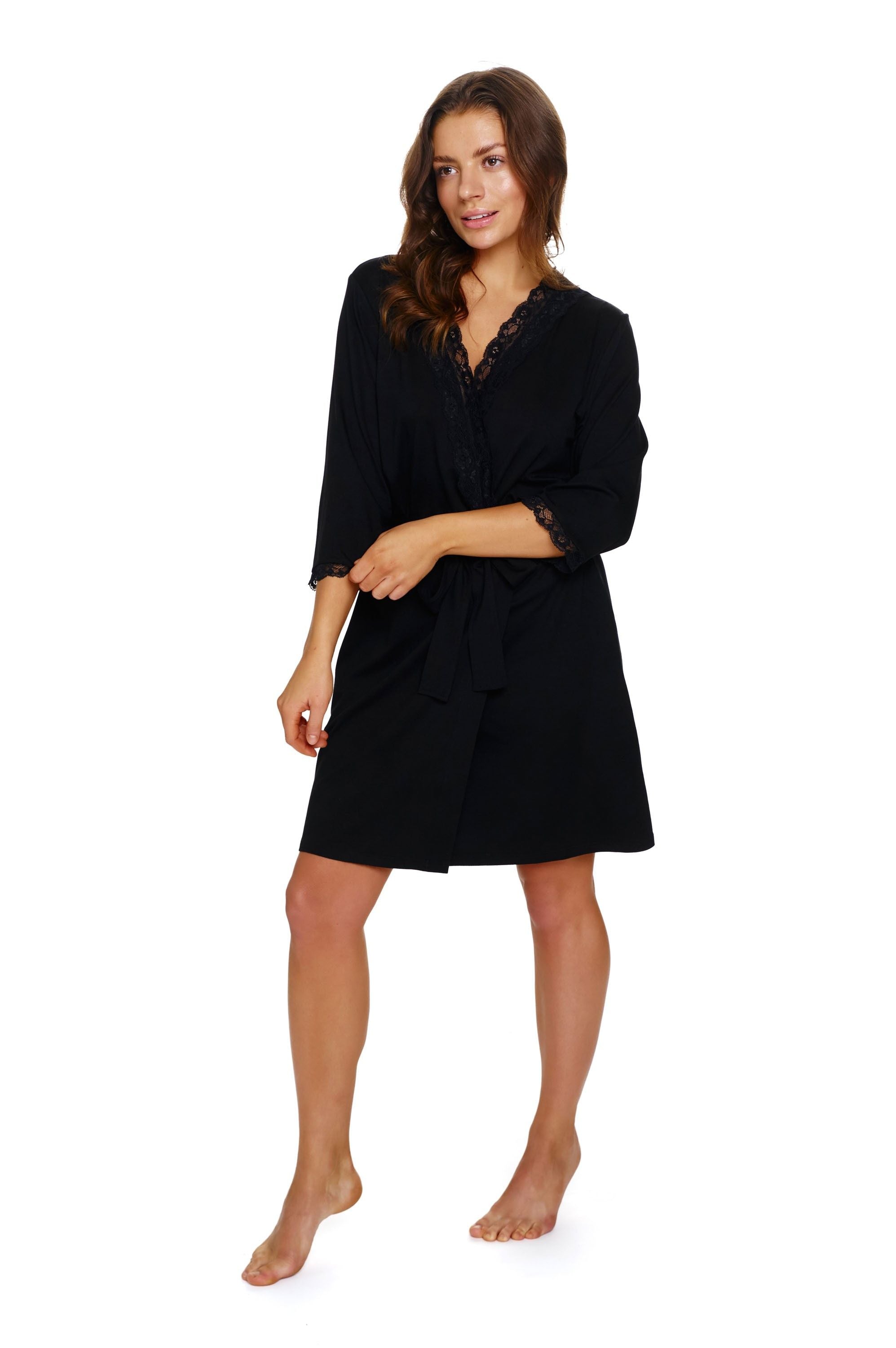 Halat elegant negru din vascoza cu dantela