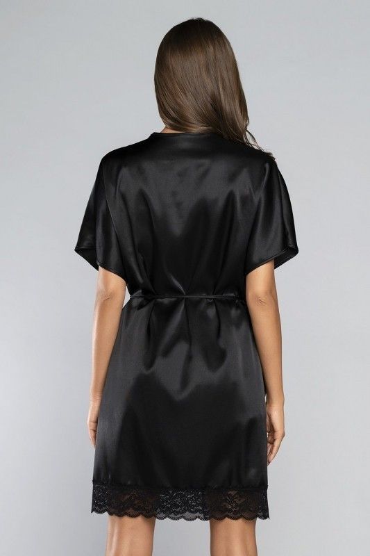 Halat din satin negru cu dantela florală