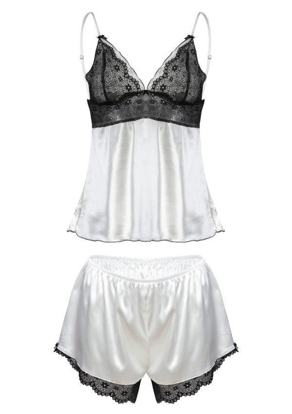 Set Neglijeu din Satin Ola cu Dantelă Neagră