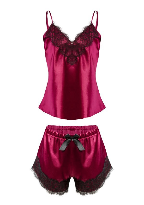 Set neglijeu Tima din satin bordo cu dantelă neagră