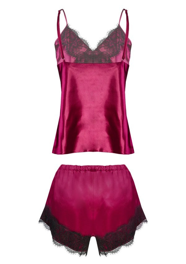 Set neglijeu Tima din satin bordo cu dantelă neagră