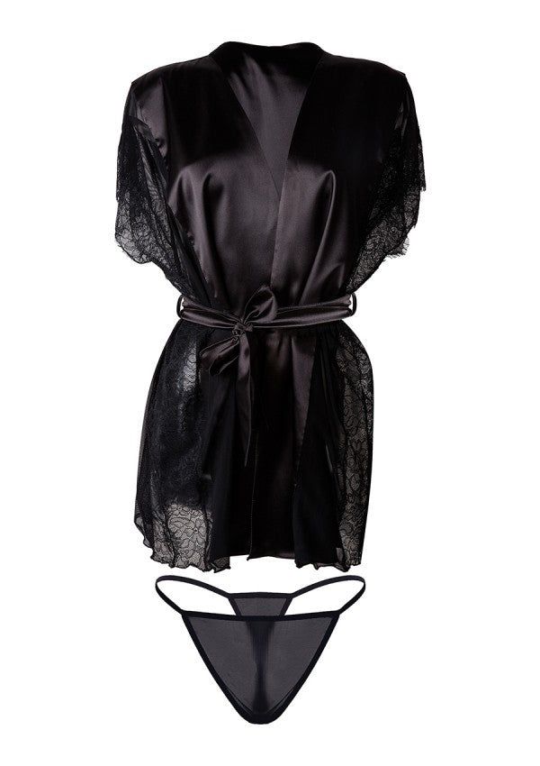 Set halat și string Bridget din satin cu dantelă